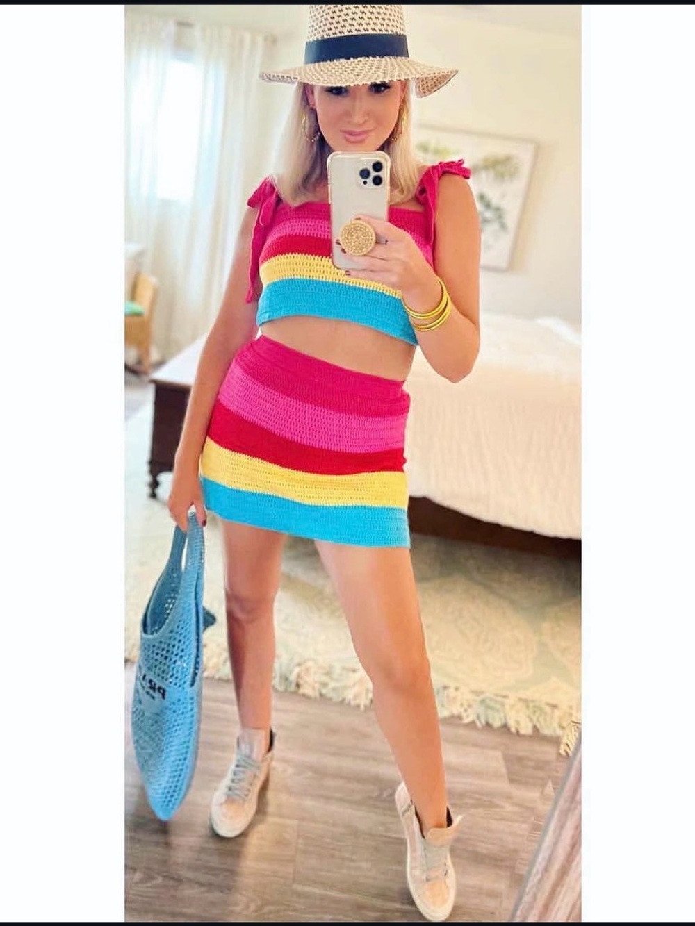 Buddy Love Pink, Blue, Yellow & Red Striped Crochet Two-Piece Set